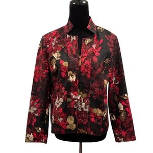 Molly & Maxx Petite Red, Black & Gold Floral Zip-front Mandarin Collar Jacket PM